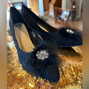 Cato Black Heels with Feather and Rhinestone Detail